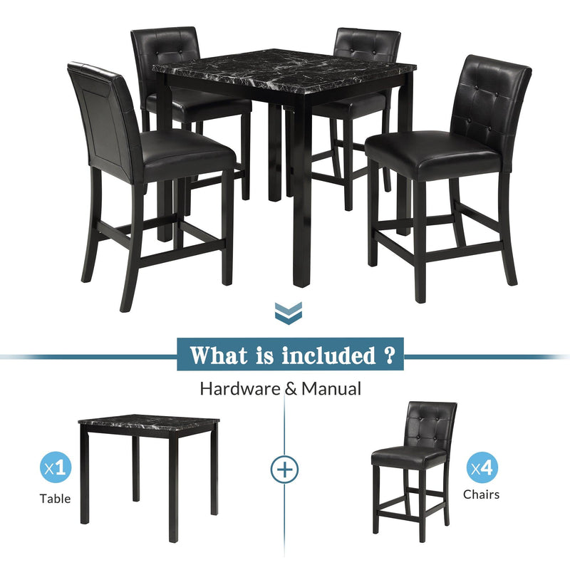 TOPMAX 5-Piece Kitchen Table Set Faux Marble Top Counter Height Dining Table Set with 4 PU Leather-Upholstered Chairs, Black - Supfirm