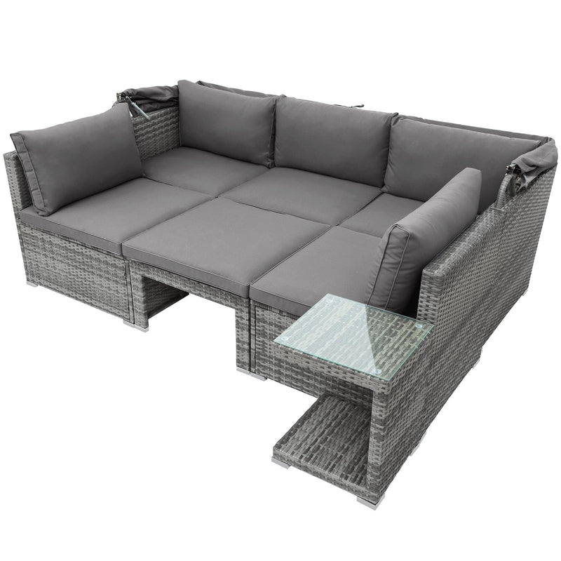 TOPMAX 5 Pieces Outdoor Sectional Patio Rattan Sofa Set Rattan Daybed , PE Wicker Conversation Furniture Set w/ Canopy and Tempered Glass Side Table, Gray - Supfirm