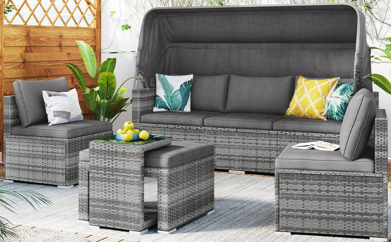 TOPMAX 5 Pieces Outdoor Sectional Patio Rattan Sofa Set Rattan Daybed , PE Wicker Conversation Furniture Set w/ Canopy and Tempered Glass Side Table, Gray - Supfirm