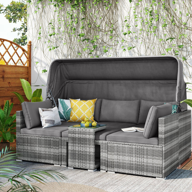 TOPMAX 5 Pieces Outdoor Sectional Patio Rattan Sofa Set Rattan Daybed , PE Wicker Conversation Furniture Set w/ Canopy and Tempered Glass Side Table, Gray - Supfirm