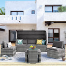 TOPMAX 5 Pieces Outdoor Sectional Patio Rattan Sofa Set Rattan Daybed , PE Wicker Conversation Furniture Set w/ Canopy and Tempered Glass Side Table, Gray - Supfirm