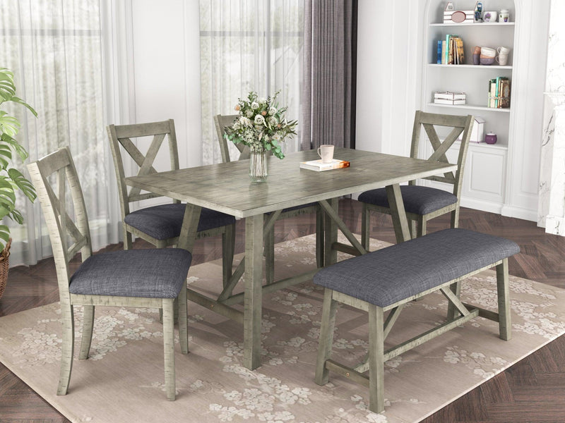 TOPMAX 6 Piece Dining Table Set Wood Dining Table and chair Kitchen Table Set with Table, Bench and 4 Chairs, Rustic Style, Gray(No Difference with SH000109AAE) - Supfirm