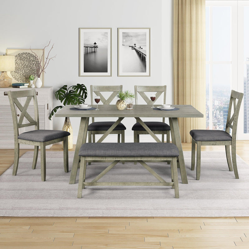 TOPMAX 6 Piece Dining Table Set Wood Dining Table and chair Kitchen Table Set with Table, Bench and 4 Chairs, Rustic Style, Gray(No Difference with SH000109AAE) - Supfirm