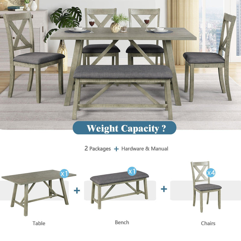 TOPMAX 6 Piece Dining Table Set Wood Dining Table and chair Kitchen Table Set with Table, Bench and 4 Chairs, Rustic Style, Gray(No Difference with SH000109AAE) - Supfirm