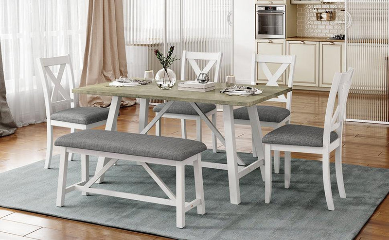 TOPMAX 6 Piece Dining Table Set Wood Dining Table and chair Kitchen Table Set with Table, Bench and 4 Chairs, Rustic Style,White+Gray - Supfirm