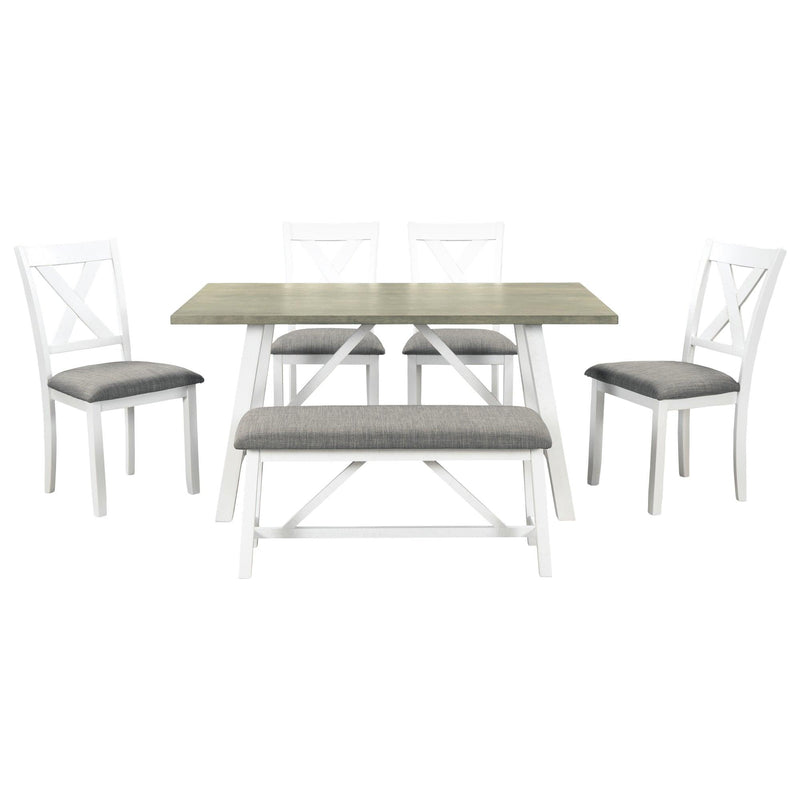 TOPMAX 6 Piece Dining Table Set Wood Dining Table and chair Kitchen Table Set with Table, Bench and 4 Chairs, Rustic Style,White+Gray - Supfirm