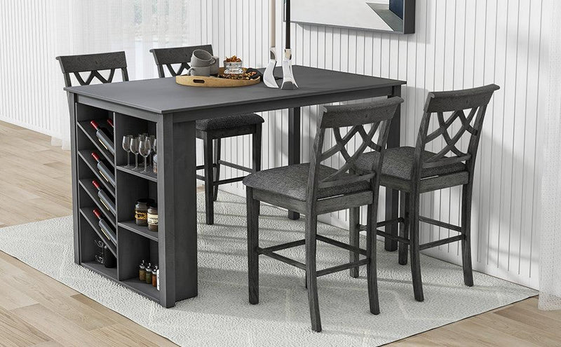 TOPMAX Counter Height 5-piece Solid Wood Dining Table Set, 59*35.4Inch Table with Wine Cubbies Rack and 4 Upholstered Chairs, Grey - Supfirm