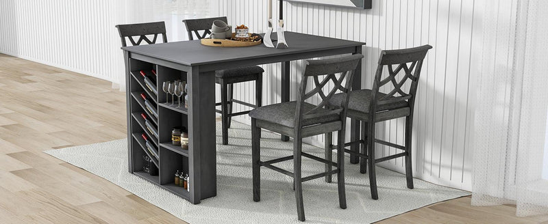 TOPMAX Counter Height 5-piece Solid Wood Dining Table Set, 59*35.4Inch Table with Wine Cubbies Rack and 4 Upholstered Chairs, Grey - Supfirm