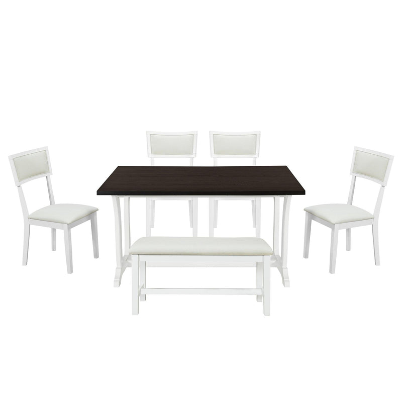 TOPMAX Farmhouse 6-Piece Trestle Dining Table Set with Upholstered Dining Chairs and Bench, 59inch, White - Supfirm