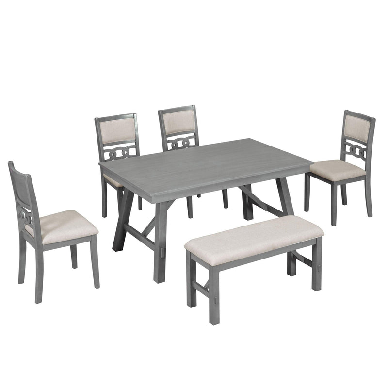 TOPMAX Farmhouse Solid Wood 6-Piece Dining Table Set Rectangular Kitchen Table Set with Upholstered Chairs and Bench, Gray - Supfirm