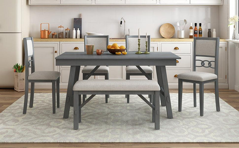 TOPMAX Farmhouse Solid Wood 6-Piece Dining Table Set Rectangular Kitchen Table Set with Upholstered Chairs and Bench, Gray - Supfirm