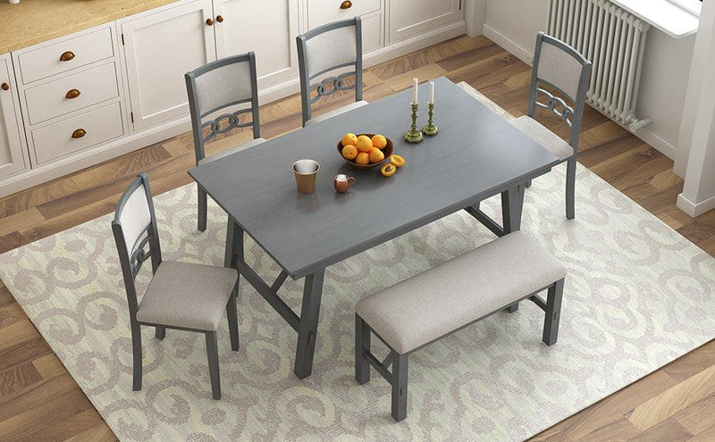 TOPMAX Farmhouse Solid Wood 6-Piece Dining Table Set Rectangular Kitchen Table Set with Upholstered Chairs and Bench, Gray - Supfirm