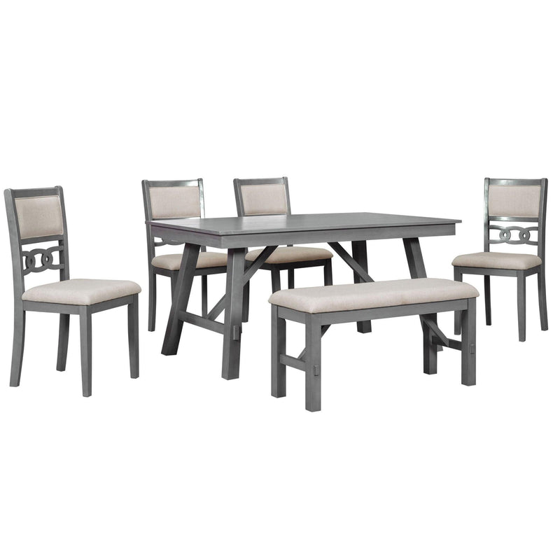 TOPMAX Farmhouse Solid Wood 6-Piece Dining Table Set Rectangular Kitchen Table Set with Upholstered Chairs and Bench, Gray - Supfirm