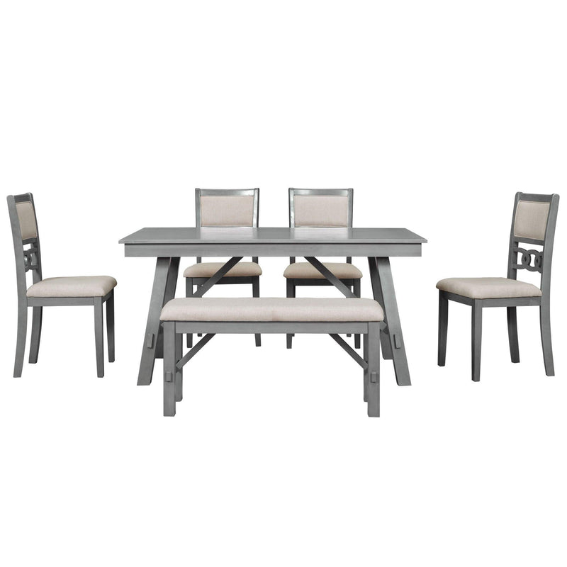 TOPMAX Farmhouse Solid Wood 6-Piece Dining Table Set Rectangular Kitchen Table Set with Upholstered Chairs and Bench, Gray - Supfirm