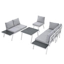 TOPMAX Industrial 5-Piece Aluminum Outdoor Patio Furniture Set, Modern Garden Sectional Sofa Set with End Tables, Coffee Table and Furniture Clips for Backyard, White+Grey - Supfirm