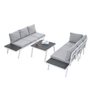 TOPMAX Industrial 5-Piece Aluminum Outdoor Patio Furniture Set, Modern Garden Sectional Sofa Set with End Tables, Coffee Table and Furniture Clips for Backyard, White+Grey - Supfirm