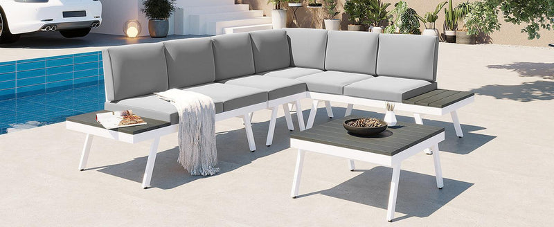 TOPMAX Industrial 5-Piece Aluminum Outdoor Patio Furniture Set, Modern Garden Sectional Sofa Set with End Tables, Coffee Table and Furniture Clips for Backyard, White+Grey - Supfirm