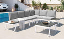 TOPMAX Industrial 5-Piece Aluminum Outdoor Patio Furniture Set, Modern Garden Sectional Sofa Set with End Tables, Coffee Table and Furniture Clips for Backyard, White+Grey - Supfirm