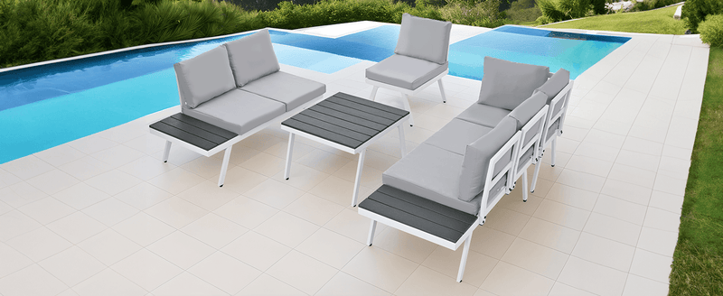 TOPMAX Industrial 5-Piece Aluminum Outdoor Patio Furniture Set, Modern Garden Sectional Sofa Set with End Tables, Coffee Table and Furniture Clips for Backyard, White+Grey - Supfirm