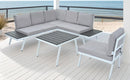 TOPMAX Industrial 5-Piece Aluminum Outdoor Patio Furniture Set, Modern Garden Sectional Sofa Set with End Tables, Coffee Table and Furniture Clips for Backyard, White+Grey - Supfirm