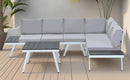 TOPMAX Industrial 5-Piece Aluminum Outdoor Patio Furniture Set, Modern Garden Sectional Sofa Set with End Tables, Coffee Table and Furniture Clips for Backyard, White+Grey - Supfirm