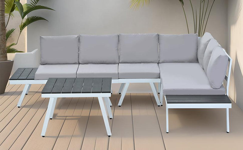 TOPMAX Industrial 5-Piece Aluminum Outdoor Patio Furniture Set, Modern Garden Sectional Sofa Set with End Tables, Coffee Table and Furniture Clips for Backyard, White+Grey - Supfirm