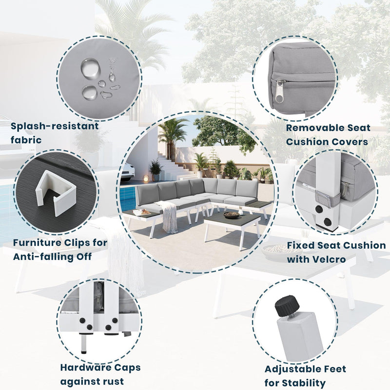 TOPMAX Industrial 5-Piece Aluminum Outdoor Patio Furniture Set, Modern Garden Sectional Sofa Set with End Tables, Coffee Table and Furniture Clips for Backyard, White+Grey - Supfirm