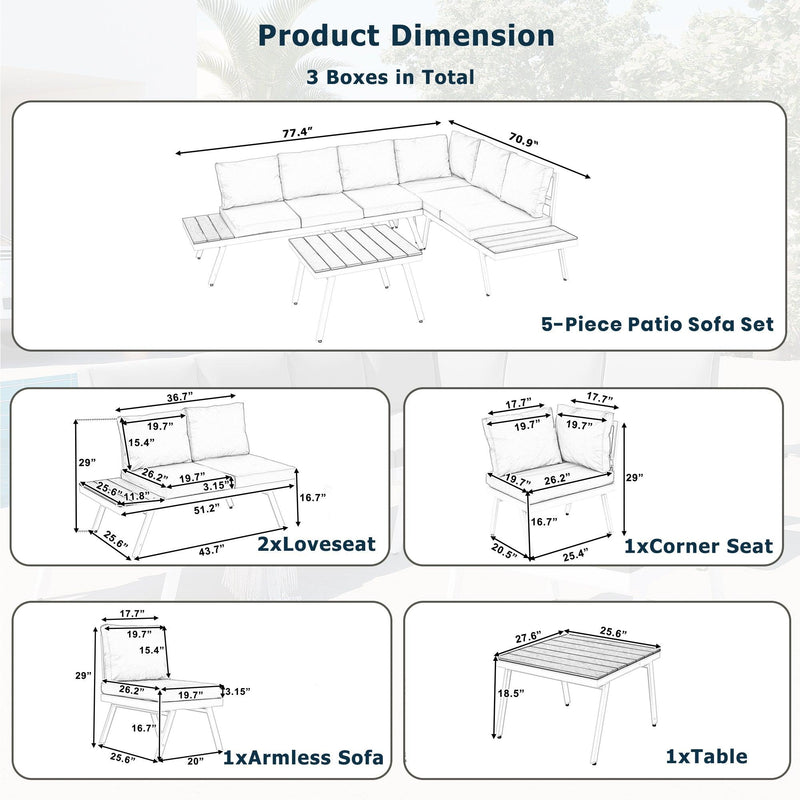 TOPMAX Industrial 5-Piece Aluminum Outdoor Patio Furniture Set, Modern Garden Sectional Sofa Set with End Tables, Coffee Table and Furniture Clips for Backyard, White+Grey - Supfirm