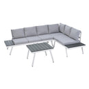 TOPMAX Industrial 5-Piece Aluminum Outdoor Patio Furniture Set, Modern Garden Sectional Sofa Set with End Tables, Coffee Table and Furniture Clips for Backyard, White+Grey - Supfirm