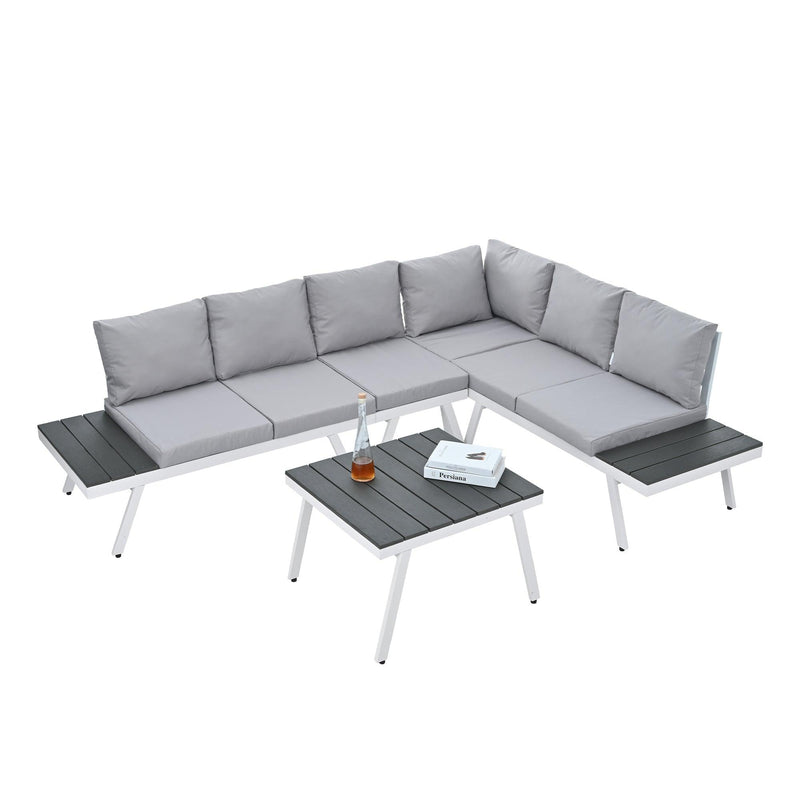 TOPMAX Industrial 5-Piece Aluminum Outdoor Patio Furniture Set, Modern Garden Sectional Sofa Set with End Tables, Coffee Table and Furniture Clips for Backyard, White+Grey - Supfirm