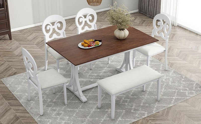 TOPMAX Mid-Century 6-Piece Trestle Table Set with Victorian Round Upholstered Dining Chairs and Long Bench, Cherry+Antique White - Supfirm