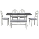 TOPMAX Mid-Century 6-Piece Trestle Table Set with Victorian Round Upholstered Dining Chairs and Long Bench, Gray+Antique White - Supfirm