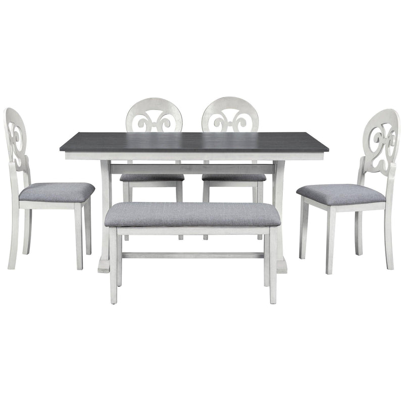 TOPMAX Mid-Century 6-Piece Trestle Table Set with Victorian Round Upholstered Dining Chairs and Long Bench, Gray+Antique White - Supfirm