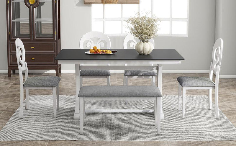 TOPMAX Mid-Century 6-Piece Trestle Table Set with Victorian Round Upholstered Dining Chairs and Long Bench, Gray+Antique White - Supfirm