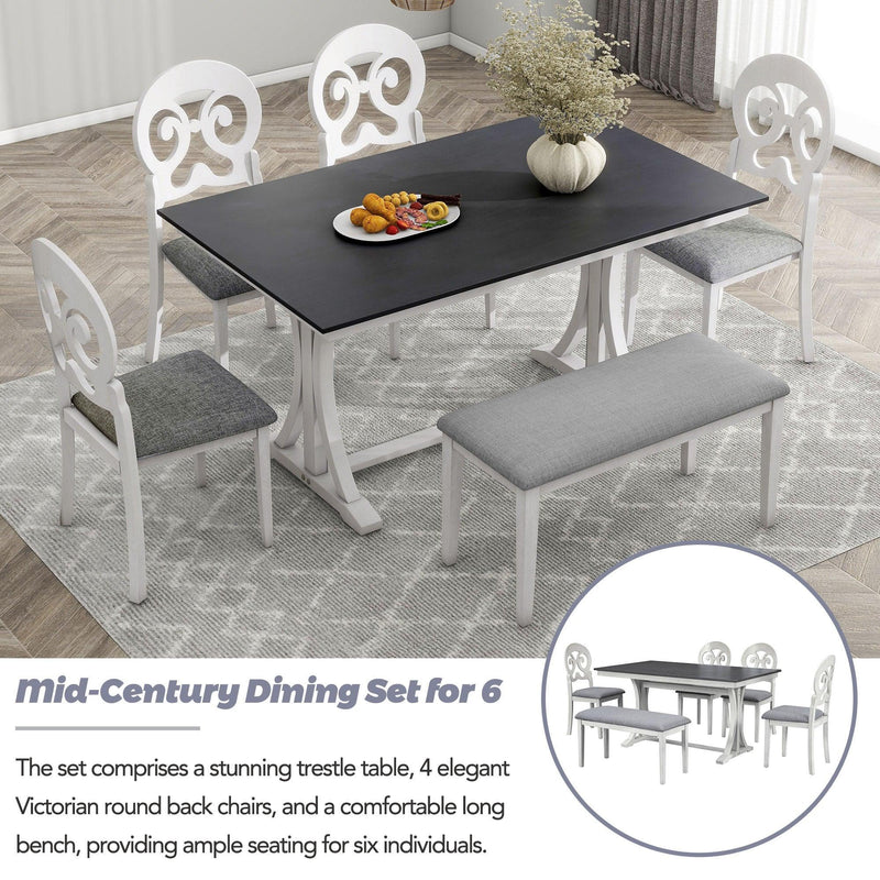 TOPMAX Mid-Century 6-Piece Trestle Table Set with Victorian Round Upholstered Dining Chairs and Long Bench, Gray+Antique White - Supfirm