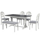 TOPMAX Mid-Century 6-Piece Trestle Table Set with Victorian Round Upholstered Dining Chairs and Long Bench, Gray+Antique White - Supfirm