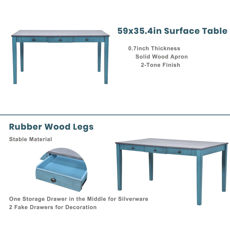 TOPMAX Mid-Century 6-Piece Wood Dining Table Set, Kitchen Table Set with Drawer, Upholstered Chairs and Bench, Antique Blue - Supfirm