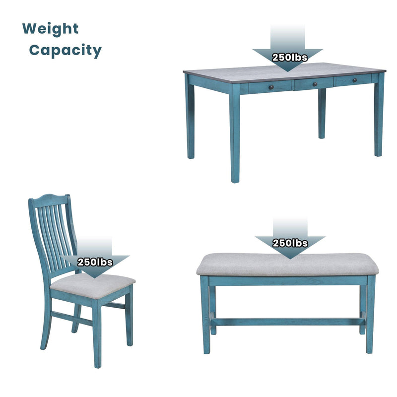 TOPMAX Mid-Century 6-Piece Wood Dining Table Set, Kitchen Table Set with Drawer, Upholstered Chairs and Bench, Antique Blue - Supfirm