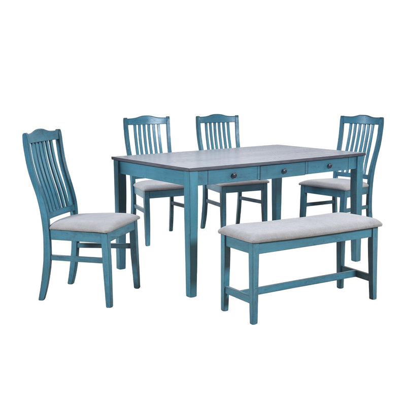 TOPMAX Mid-Century 6-Piece Wood Dining Table Set, Kitchen Table Set with Drawer, Upholstered Chairs and Bench, Antique Blue - Supfirm