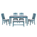 TOPMAX Mid-Century 6-Piece Wood Dining Table Set, Kitchen Table Set with Drawer, Upholstered Chairs and Bench, Antique Blue - Supfirm