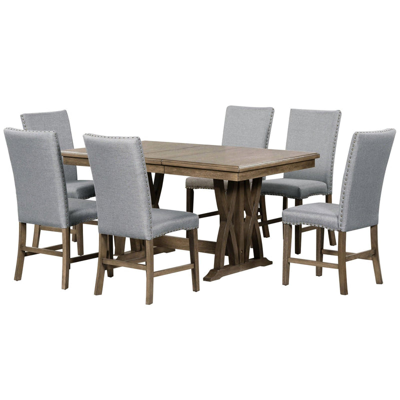 TOPMAX Mid-Century Solid Wood 7-Piece Dining Table Set Extendable Kitchen Table Set with Upholstered Chairs and 12" Leaf for 6, Golden Brown+Gray Cushion - Supfirm