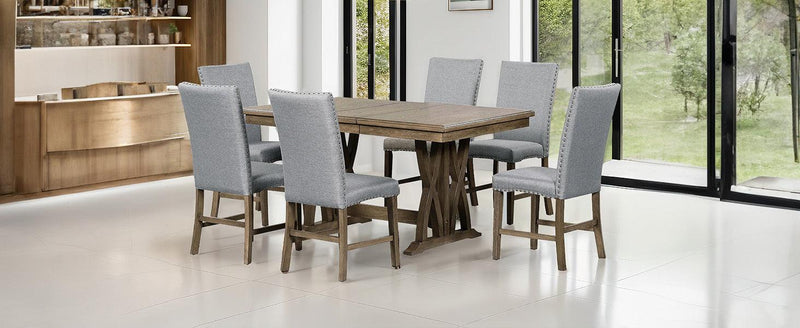 TOPMAX Mid-Century Solid Wood 7-Piece Dining Table Set Extendable Kitchen Table Set with Upholstered Chairs and 12" Leaf for 6, Golden Brown+Gray Cushion - Supfirm