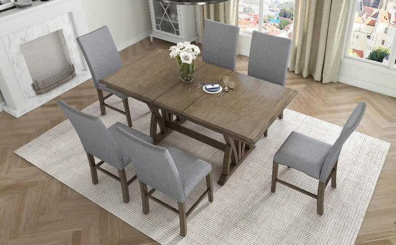 TOPMAX Mid-Century Solid Wood 7-Piece Dining Table Set Extendable Kitchen Table Set with Upholstered Chairs and 12" Leaf for 6, Golden Brown+Gray Cushion - Supfirm