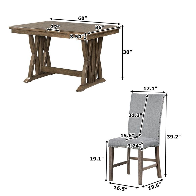 TOPMAX Mid-Century Solid Wood 7-Piece Dining Table Set Extendable Kitchen Table Set with Upholstered Chairs and 12" Leaf for 6, Golden Brown+Gray Cushion - Supfirm