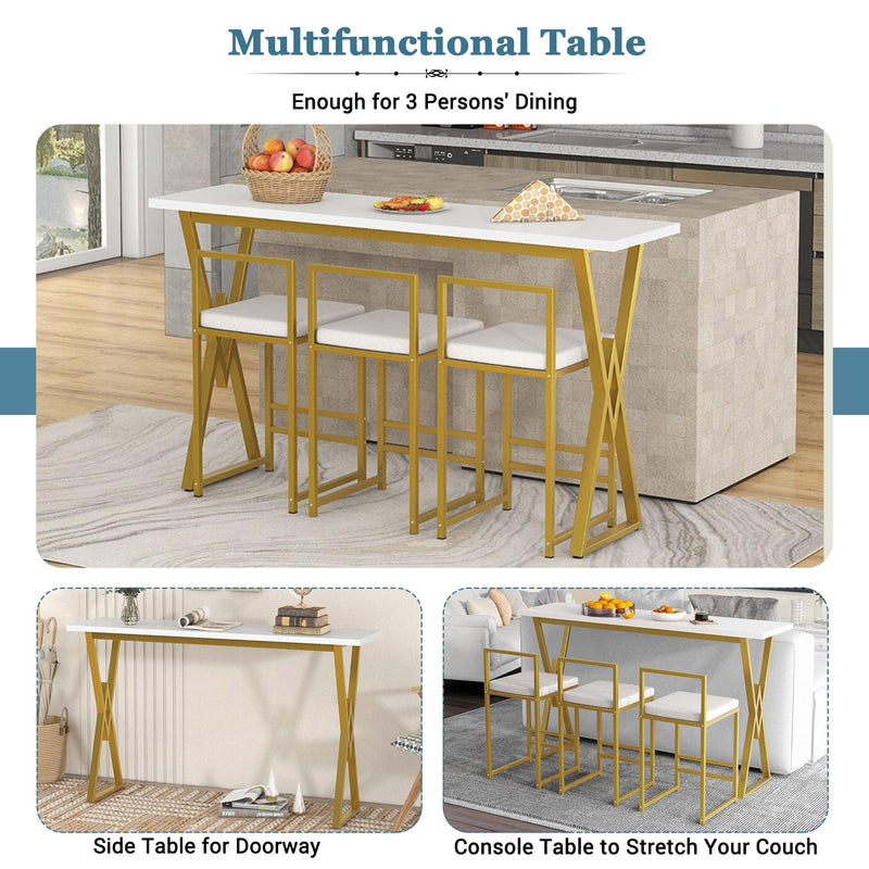 TOPMAX Modern 4-Piece Counter Height Extra Long Console Bar Dining Table Set with 3 Padded Stools for Small Places, Gold - Supfirm