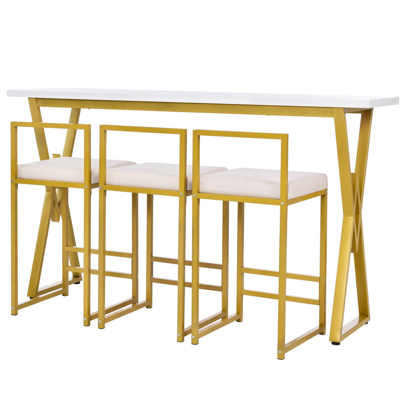 TOPMAX Modern 4-Piece Counter Height Extra Long Console Bar Dining Table Set with 3 Padded Stools for Small Places, Gold - Supfirm