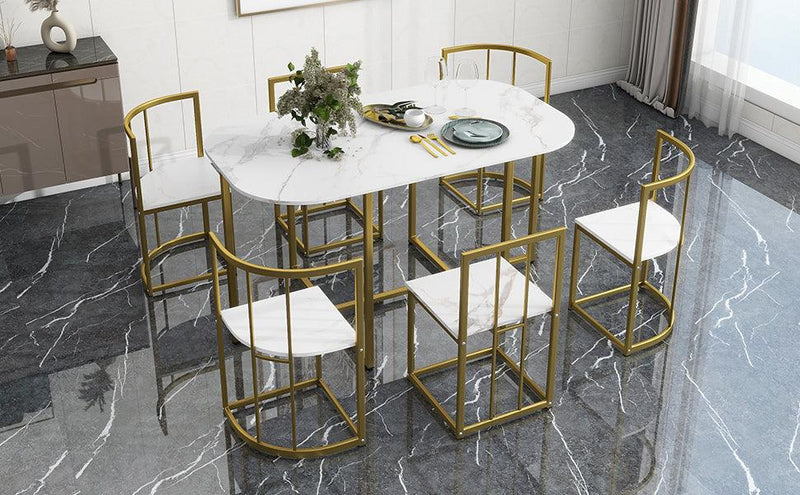 TOPMAX Modern 7-Piece Dining Table Set with Faux Marble Compact 55Inch Kitchen Table Set for 6, Golden+White - Supfirm