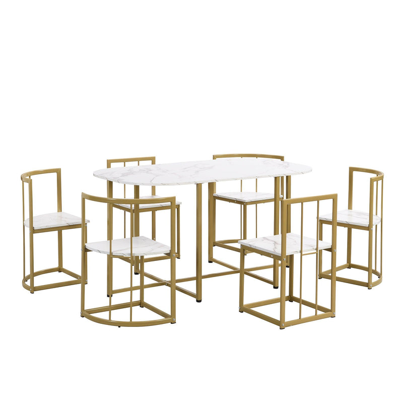 TOPMAX Modern 7-Piece Dining Table Set with Faux Marble Compact 55Inch Kitchen Table Set for 6, Golden+White - Supfirm