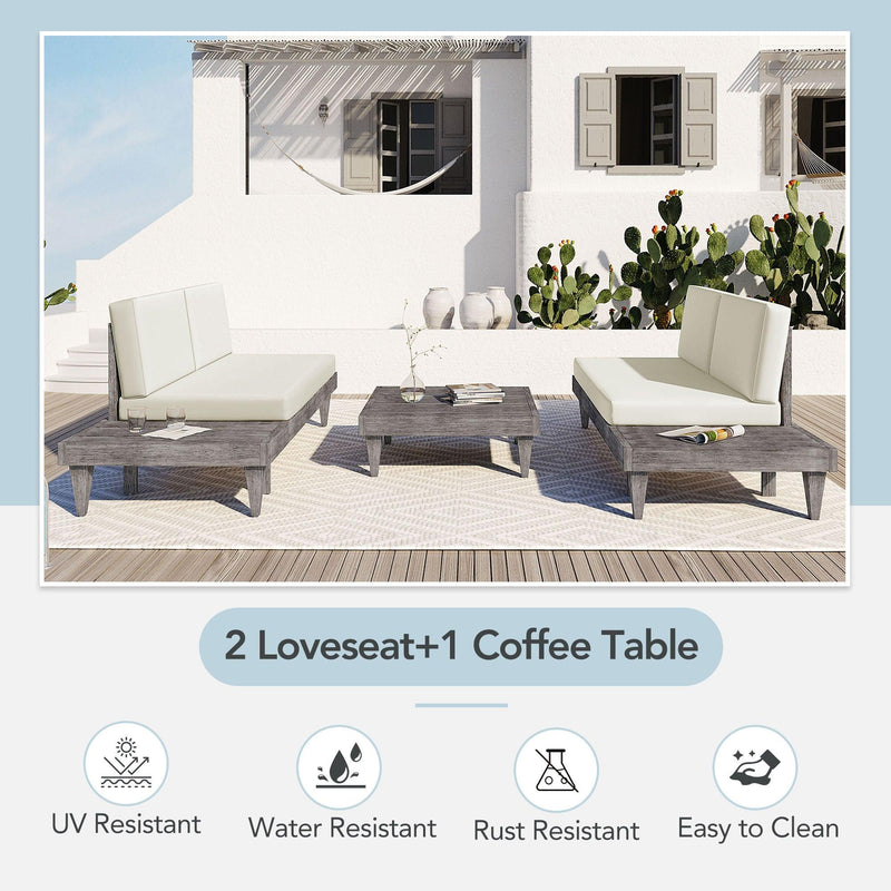 TOPMAX Outdoor 3-Piece Patio Furniture Set Solid Wood Sectional Sofa Set with Coffee Table Conversation Set with Side Table and Cushions, Grey+Beige - Supfirm