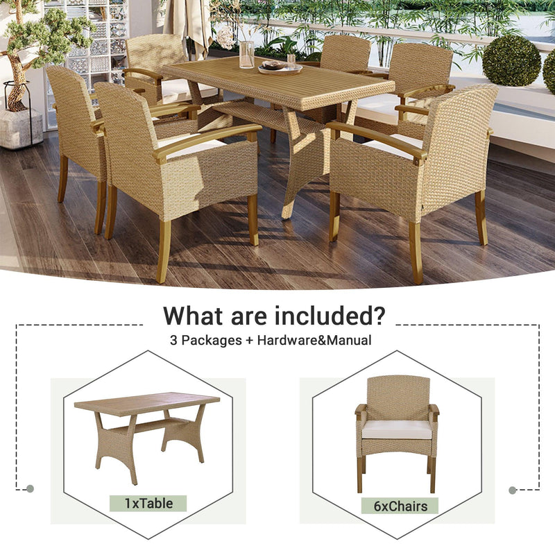 TOPMAX Outdoor Patio 7-Piece Dining Table Set All Weather PE Rattan Dining Set with Wood Tabletop and Cushions for 6, White - Supfirm